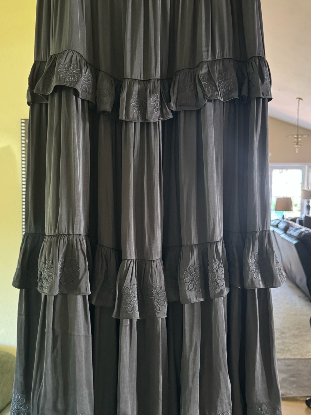 Rachel Zoe Black Tiered Embroidered Ruffle Maxi Skirt Size Large